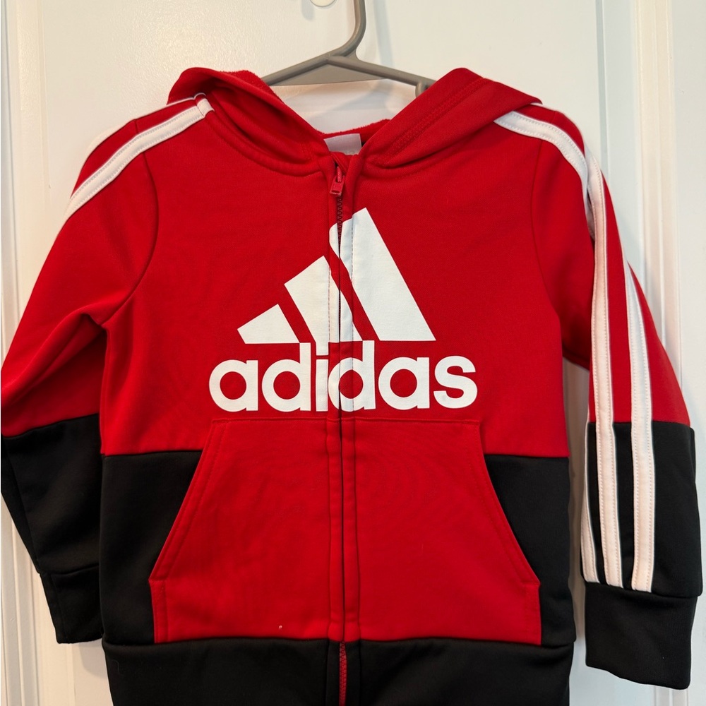 Adidas Red and Black Two-Tone Hoodie with Iconic Stripes